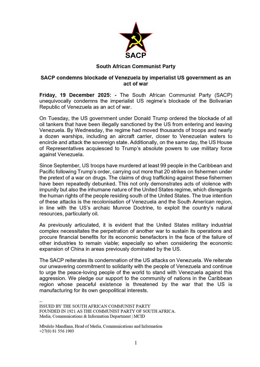 SACP1921's tweet image. SACP condemns blockade of Venezuela by imperialist US government as an act of war