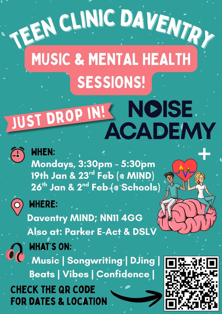 🎧 SAVE THE DATES! 💚
FREE teen music &amp; mental health drop-ins in Daventry

🎶 Beats | DJing | Songwriting
🕒 Mondays 3:30–5:30pm
📍 Daventry MIND

Just drop in 👋
👉 teenclinicdaventry.co.uk