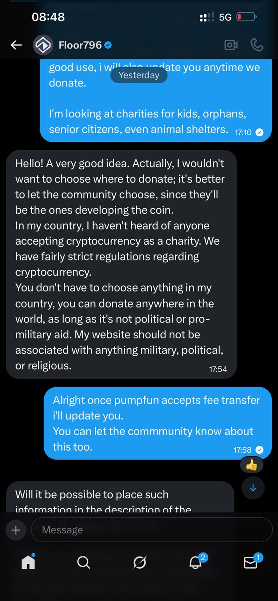 _beyondbased's tweet photo. Gm 
As we all know, floor creator has decided to be exempt from fees so we’re taking back fee control and creating a multisign.
As you can see from the screenshot, creator has given us a go ahead to use all fees for charity so the community will decide which charity we will donate to each time we claim fees.
Floor is a cool website and can survive without much involvement from creator. Wplace and spamton survived without creators getting involved, this is a much better narrative. 
We do everything now together as a community