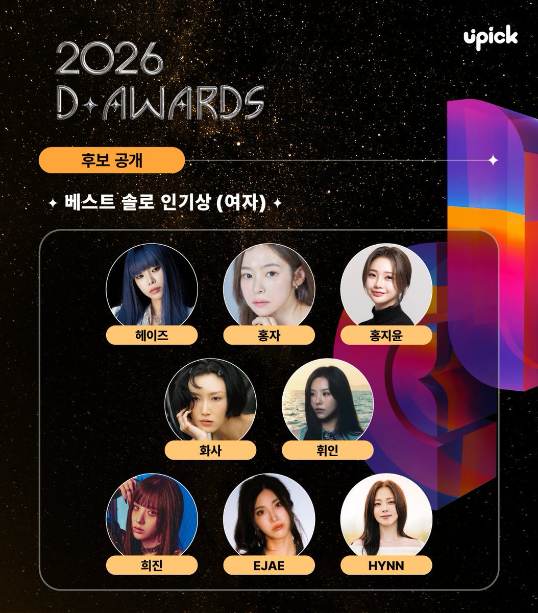 UPICK_twt's tweet photo. 🏆 #디어워즈 #DAwards 🏆
#UPICK #유픽 #DAwardswithUPICK
[Best Solo Popularity Award(G)] Nomination

#헤이즈 #Heize
#홍자 #HONGJA
#홍지윤 #HONGJIYUN
#화사 #HWASA
#휘인 #WHEEIN
#희진 #HEEJIN
#EJAE
#HYNN

⭕12/26 12PM Voting Starts
🎁D Awards [Best Solo Popularity Award(Girl)]

※ 위 후보는 주최 측과 논의하여 결정된 최종 후보이며, 최종 심사 기준에 따라 일부 변경되었을 수 있습니다.
※ The above candidates are final candidates determined in discussion with the organizers and may have been partially changed based on the final screening criteria.