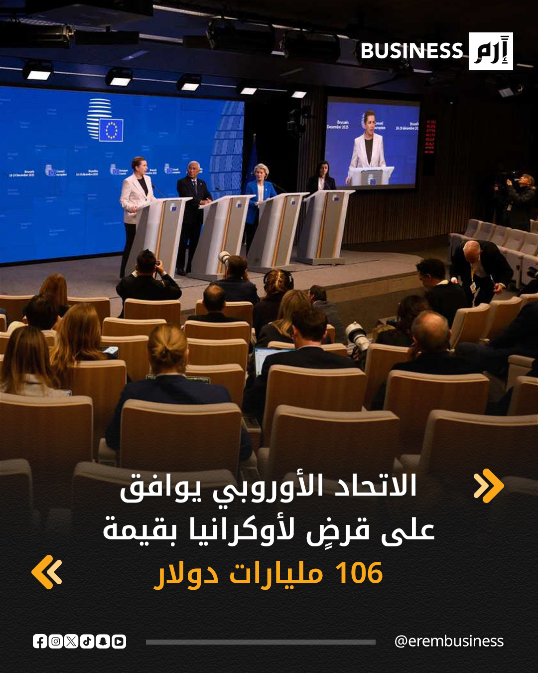 في خطوة لسد العجز المتوقع لميزانية أوكرانيا، توصل قادة الاتحاد الأوروبي، اليوم الجمعة، إلى اتفاق لتقديم قرض بقيمة 90 مليار يورو (حوالي 106 مليارات دولار) لكييف، لكنهم أخفقوا في إيجاد تسوية لاستخدام الأصول الروسية المجمدة لتوفير التمويل.. التفاصيل في 