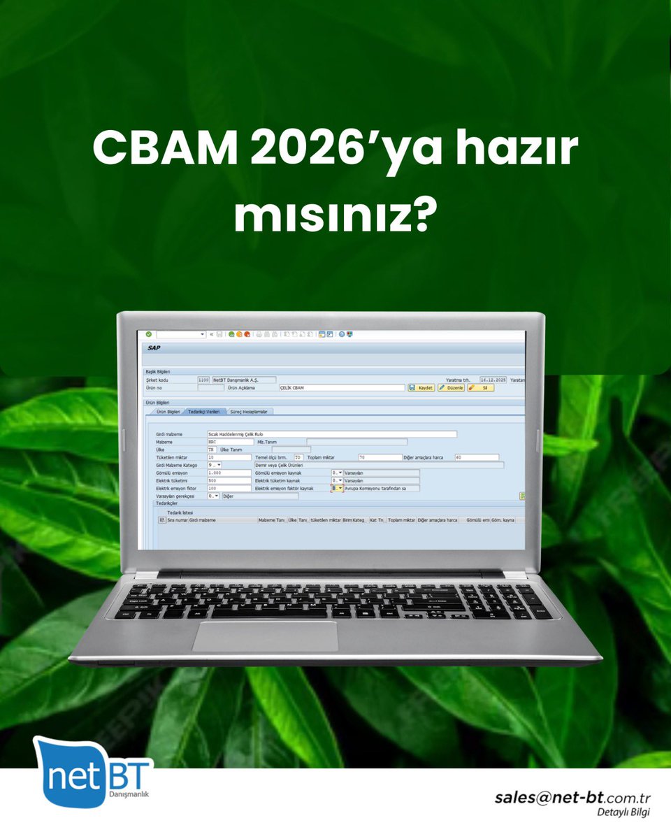 SAP altyapısıyla geliştirdiğimiz CBAM çözümü, gerekli verileri SAP içinde otomatik olarak toplar, regülasyona uygun şekilde işler ve raporlama sürecini tamamen kontrol altına alır.

👉 Detaylı bilgi ve teklif almak için: net-bt.com.tr

#NetBT #CBAM #SAP #KarbonYönetimi