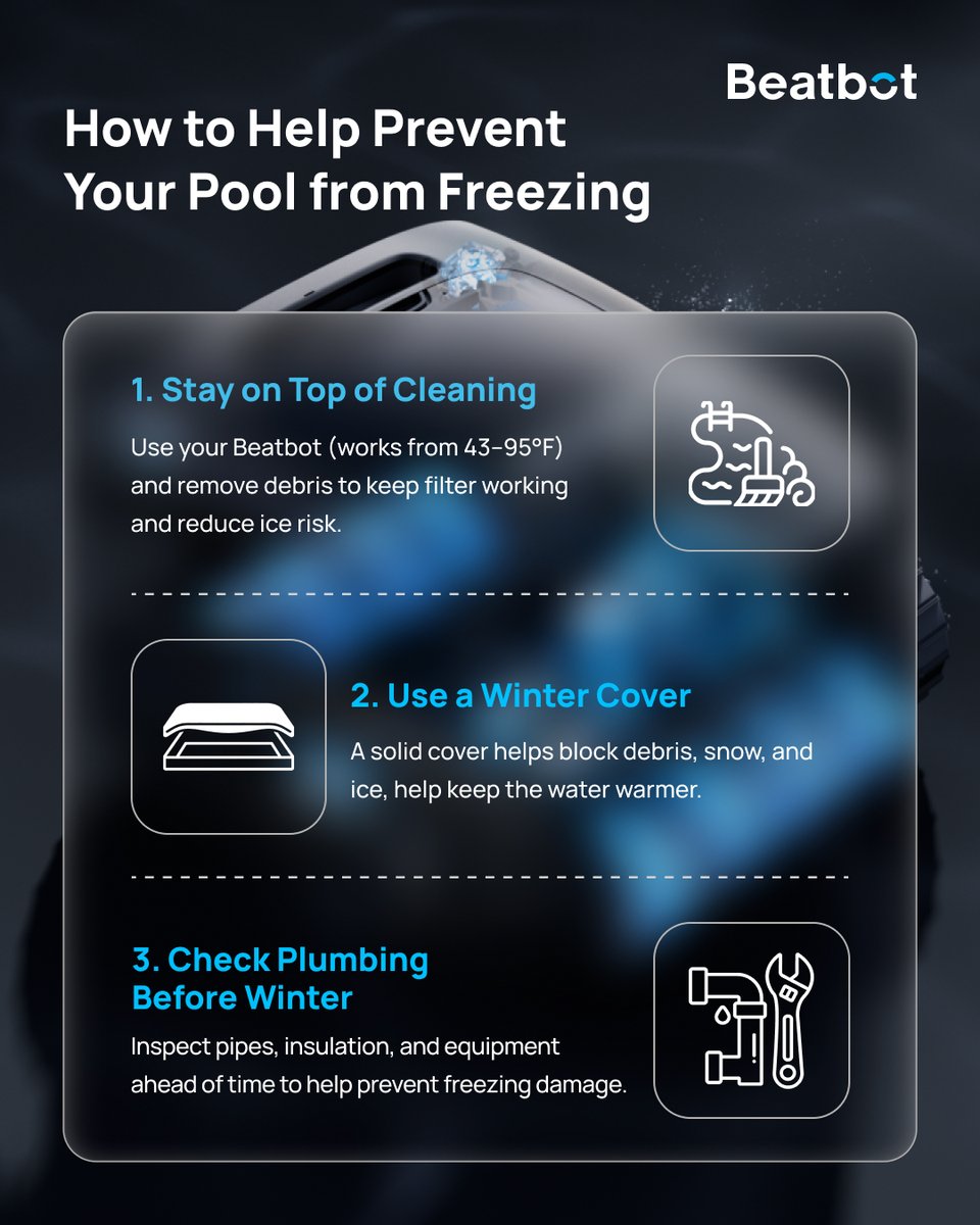 BeatbotGlobal's tweet photo. Freezing weather can seriously damage your pool, from cracked tiles to burst pipes. ❄️
Not sure what to do if your pool freezes or how to prevent it? Swipe through our #Pool101 below and save it before the freeze hits. https://t.co/CouD4AErKj