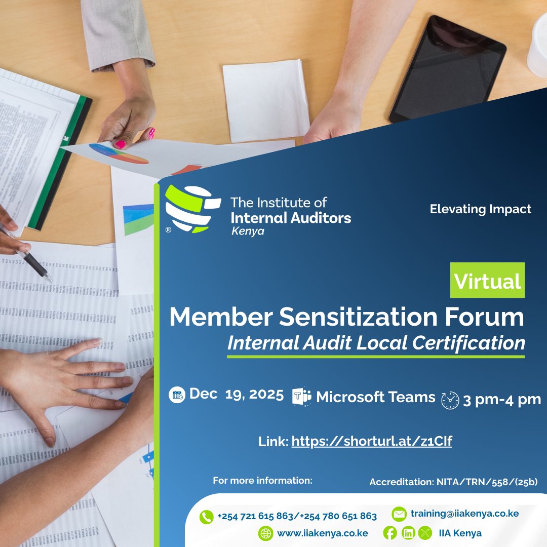 IIAKenya's tweet image. IIA Kenya is engaging stakeholders through a scheduled market survey for developing the Kenya Internal Audit Certification Curriculum. A virtual member sensitization meeting is planned for today from 3:00pm to 4:00pm, and we look forward to your participation.