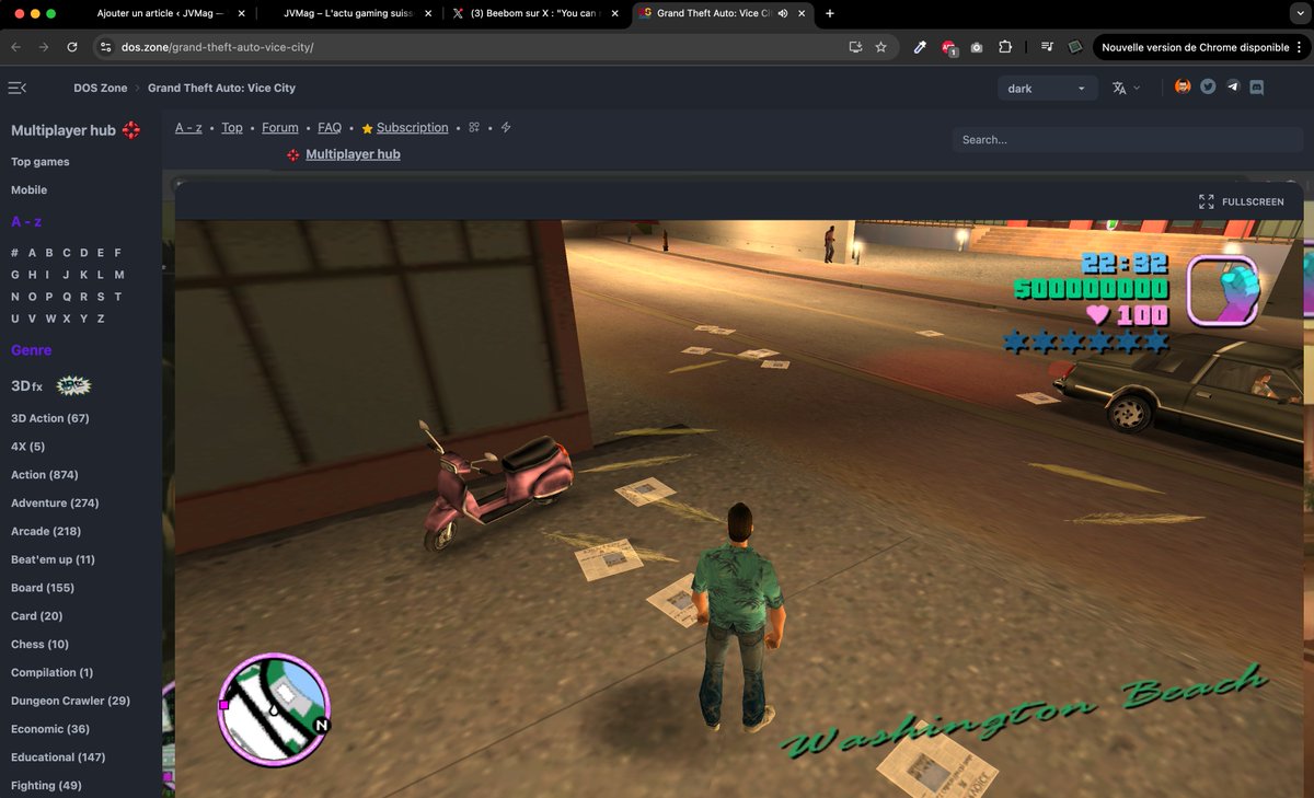 JVMag_ch's tweet image. MAIS PARDON ? 🤯 Vous pouvez désormais jouer à GTA Vice City depuis votre navigateur depuis n'importe quel appareil et ce gratuitement ! Avec un peu de chance, ça fonctionne même depuis votre place de travail. Voici le lien 👇

GTA_VC : dos.zone/grand-theft-au…