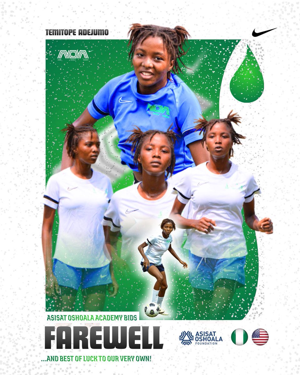 AOAcademy's tweet photo. Built here, Ready for the world.🌍

Asisat Oshoala Academy celebrates Temitope Adejumo as she takes the next bold step in her football journey⚽️💚

Now on a scholarship to study and play football in the United States of America

We wish you success beyond borders.

#Temitope
#AOA https://t.co/KrTvg1C4j0