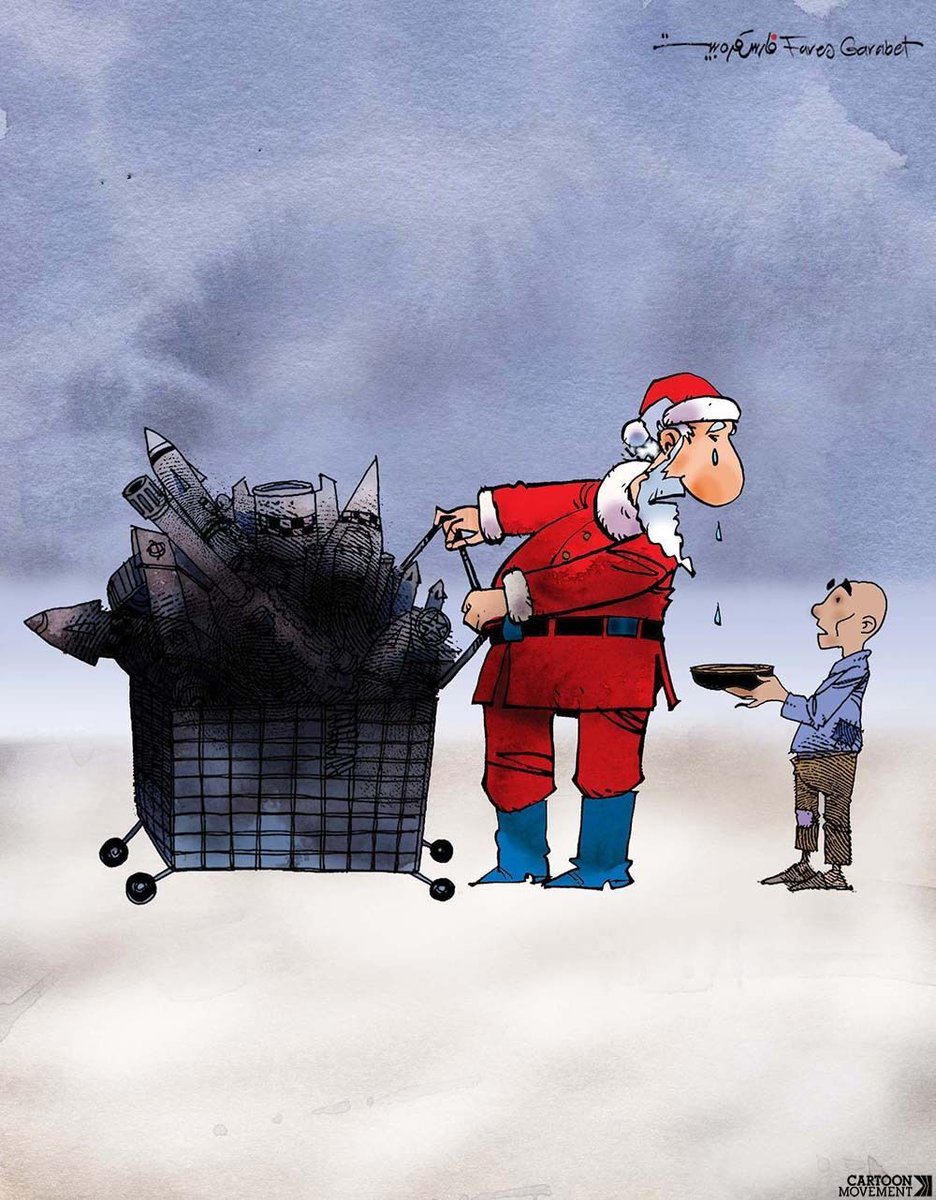 cartoonmovement's tweet image. Christmas 2025: Buying weapons is more popular than solving hunger. Today’s cartoon by @FaresGarabet

#Christmas #weapons #hunger