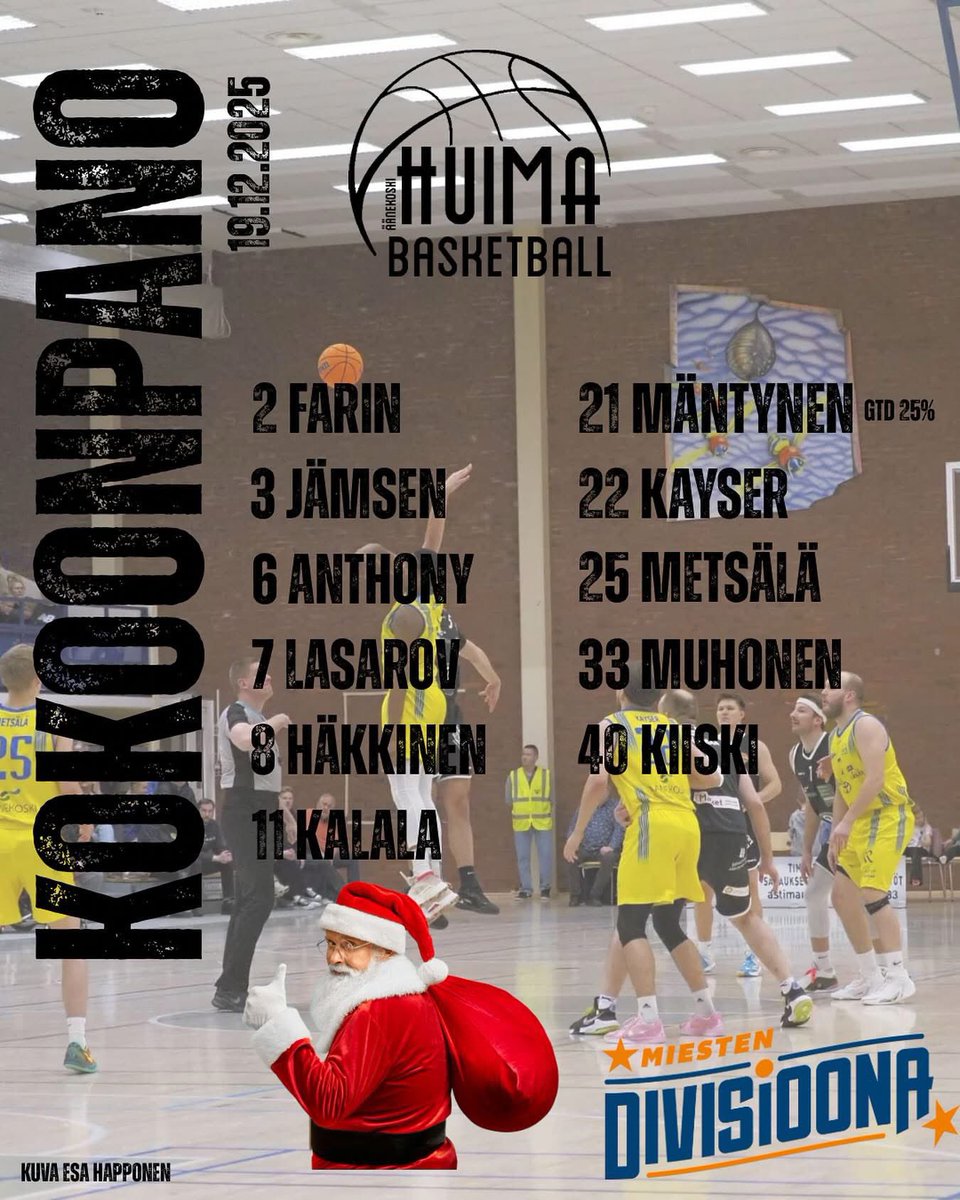 Vuoden viimeisen ottelun kokoonpano. 

Tänään luvassa Raheemin debyytti ! 

Huhut kertovat, että myös Joulupukki on matkalla illan otteluun!🎅🏼

Valmentajien ennakot: tulospalvelu.basket.fi/match/973916/p…

#M1DA #huimabasketball