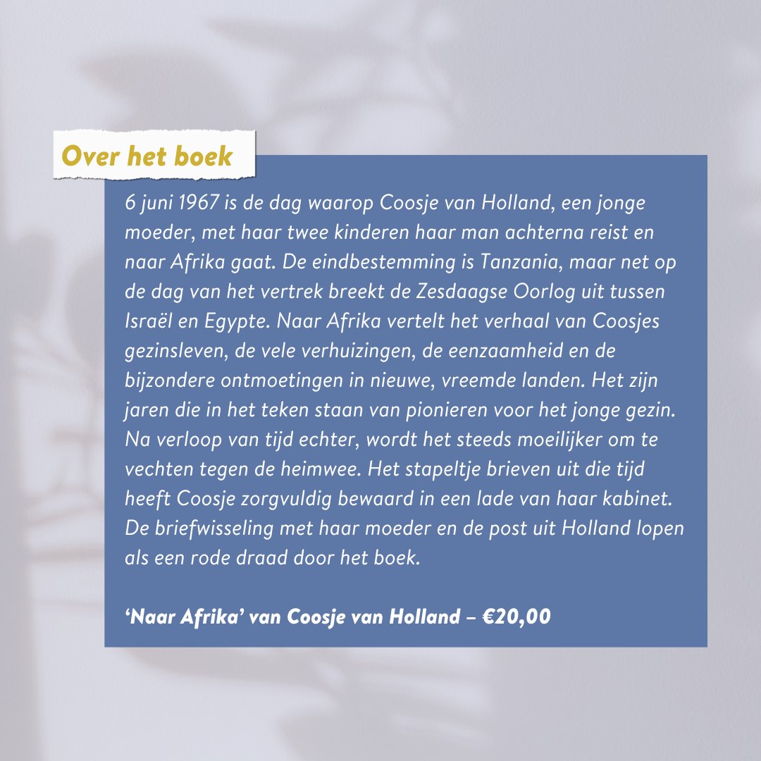 Een boekentip voor de kerstvakantie 🇹🇿

In 1967 vertrekt Coosje naar Afrika, maar dan breekt de Zesdaagse Oorlog. ‘Naar Afrika’ vertelt het verhaal van Coosjes gezinsleven en de bijzondere ontmoetingen in vreemde landen.

📚 Bestel nu jouw exemplaar via: palmslag.nl/boeken/naar-af…