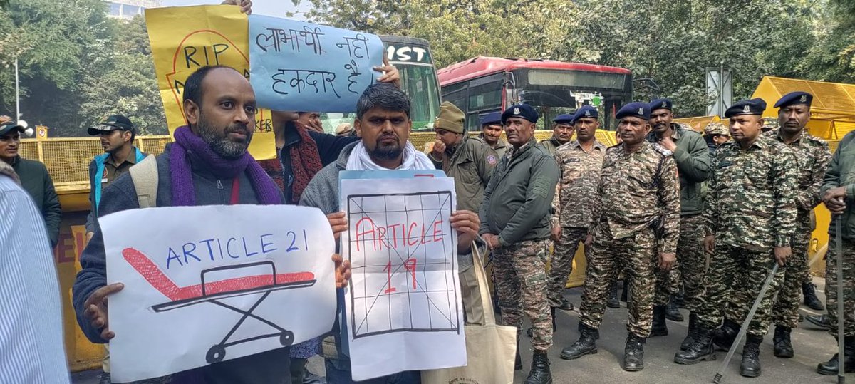 The right to work was repealed. The right to protest in Delhi was denied. Members received threats of legal action. To oppose such high handedness, members of NSM &amp; 5 MPs came to Jantar Mantar and registered their resistance. <a href="/cpimspeak/">CPI (M)</a> <a href="/arivalayam/">DMK</a> <a href="/s_kanth/">Sasikanth Senthil</a>  <a href="/cpimlliberation/">CPIML Liberation</a>