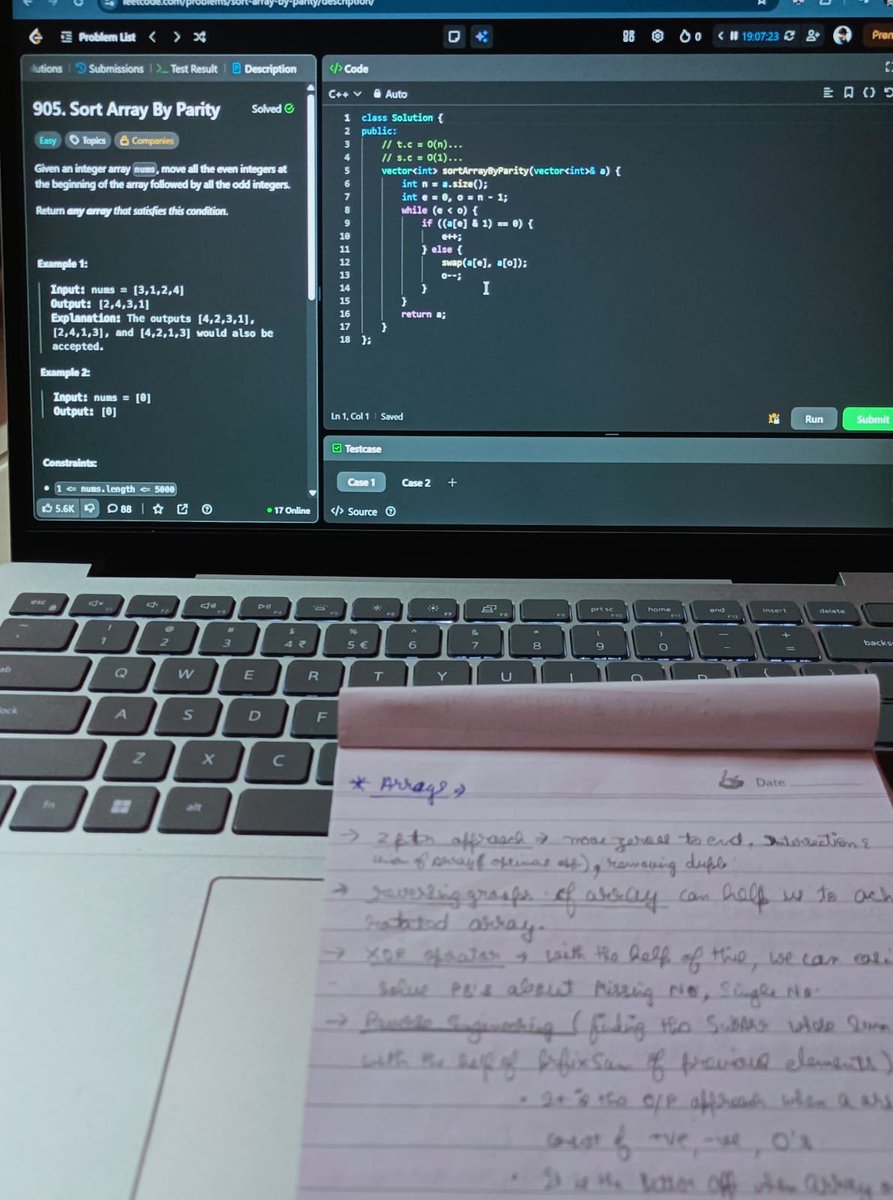 _ACE_77_'s tweet image. 💻 Day 3 — LeetCode 30 Days
Solved 905: Sort Array By Parity
2-pointer technique really said: “Move left, move right, sort your life out.” 😂🔀
Check my LeetCode progress 🔽
👉 leetcode.com/u/Anshv8096/

#LeetCode #DSA #TwoPointers #30DaysChallenge