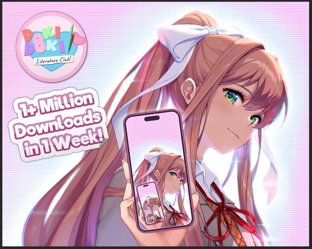 denfaminicogame's tweet photo. 【すごい】『ドキドキ文芸部！』モバイル版が100万ダウンロードを突破、配信開始から1週間足らずで
https://t.co/lPp1WpmVKM

衝撃を与える展開や意表をつく演出の数々で話題となったゲーム。『プラス』からの追加コンテンツは有料アドオンで利用可能 https://t.co/EXAjXDhzYF