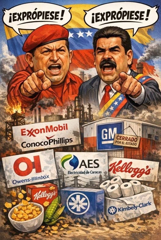 JoseWilmerPache's tweet photo. 🚨 Venezuela expropió activos estadounidenses durante más de 20 años.

Hoy, el presidente Donald Trump exige que sean devueltos.

Entonces el chavismo —súbitamente desmemoriado— comenzó a preguntarse, “extrañado”, de qué habla Trump.

¿De qué empresas hablamos? Aquí va el recuento:

1️⃣ ExxonMobil (2007)
Expropiada en la Faja del Orinoco. Venezuela perdió el arbitraje internacional.

2️⃣ ConocoPhillips (2007)
Nacionalizada sin acuerdo ni compensación.

3️⃣ Owens-Illinois (2010)
Productora de vidrio y envases.

4️⃣ General Motors (2017)
Planta en Valencia confiscada por el régimen.

5️⃣ Clorox (2014)
Salida forzada. Instalaciones ocupadas por el Estado.

6️⃣ Kellogg’s (2018)
Cerró operaciones; el gobierno tomó control de la planta.

7️⃣ Chevron (2025)
Última petrolera estadounidense que operaba en el país.

8️⃣ Halliburton, Schlumberger, Baker Hughes y Weatherford (2025)
Empresas clave de servicios petroleros expulsadas o paralizadas.

Hoy, Trump exige la devolución de “todo el petróleo, tierras y activos robados” y tipifica al régimen chavista como responsable directo del mayor saqueo empresarial en la historia moderna de Venezuela.

La memoria no se expropia.
Los hechos no prescriben.