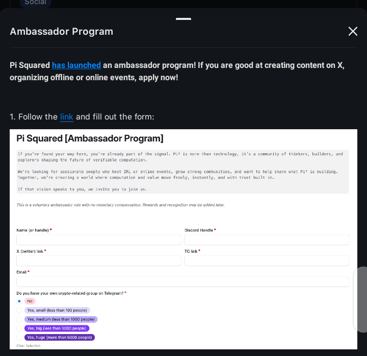 ScriptJava6's tweet image. Fun Fact: I remembered applying for @PiSquared Ambassador through CryptoRank back in early November this year, hoping I will become Pi square community moderator eventually 🥂.

🟢Since then have being super active on pi square server contributing, adding value, answering…