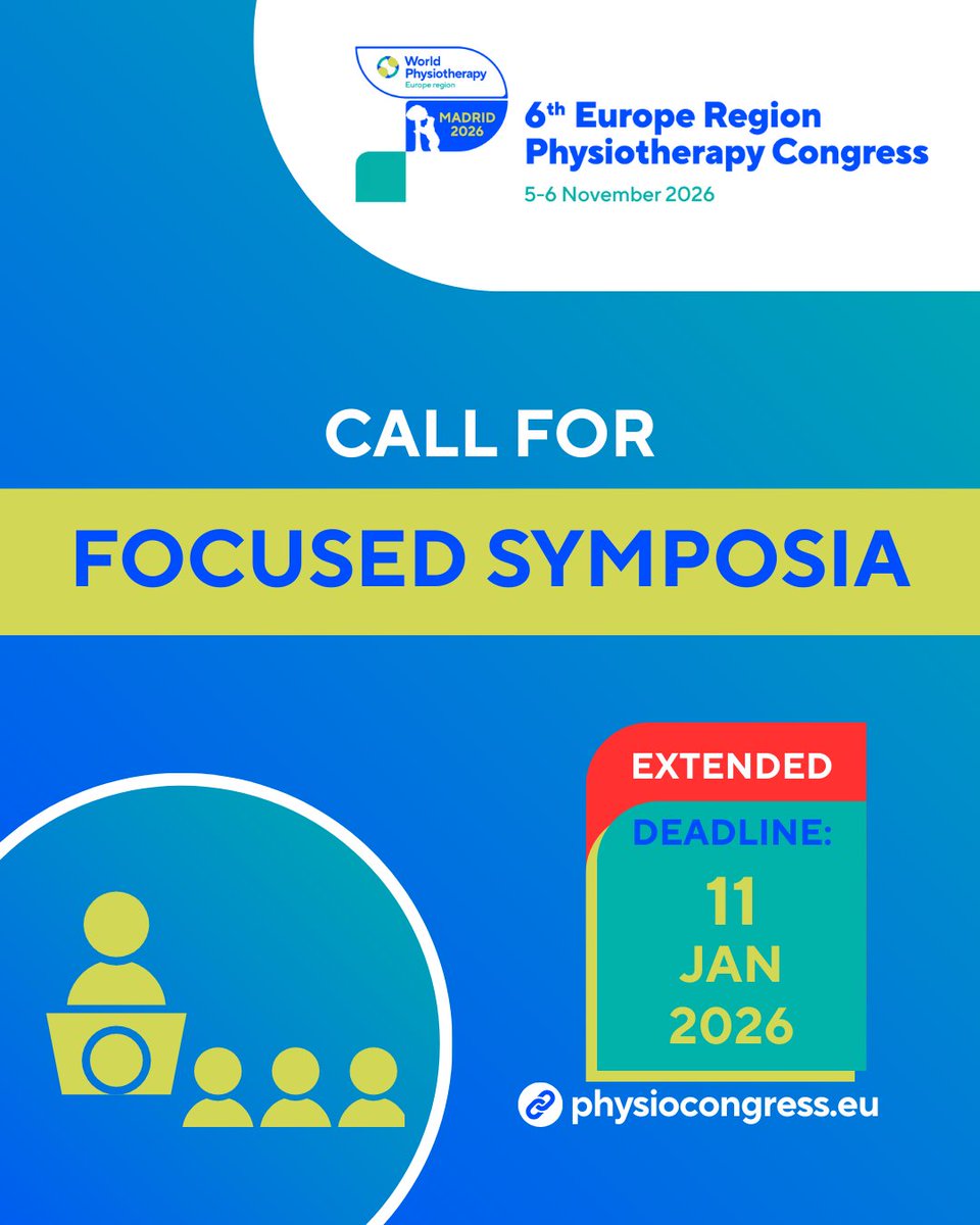 ERWorldPhysio's tweet photo. 🎁 Call for Focused Symposia extended!

Still polishing your focused symposium proposal? We’ve got you covered!
The submission deadline has been extended.

⏰ New deadline: 11 January 2026

Don’t miss this little holiday gift—submit now!⤵️
https://t.co/4WLeEFZcVf https://t.co/3nmntcIwaU