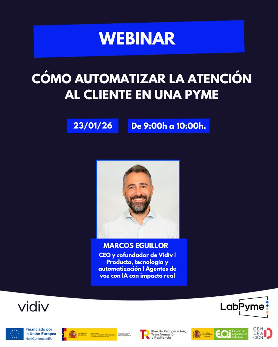 LabPyme's tweet image. 📞 Cómo automatizar la atención al cliente en una pyme

Menos llamadas repetitivas, menos carga operativa y mejor atención al cliente gracias a agentes de voz con IA.

Un webinar práctico, sin teoría innecesaria. 

👉 Inscripción gratuita: labpyme.activehosted.com/f/48