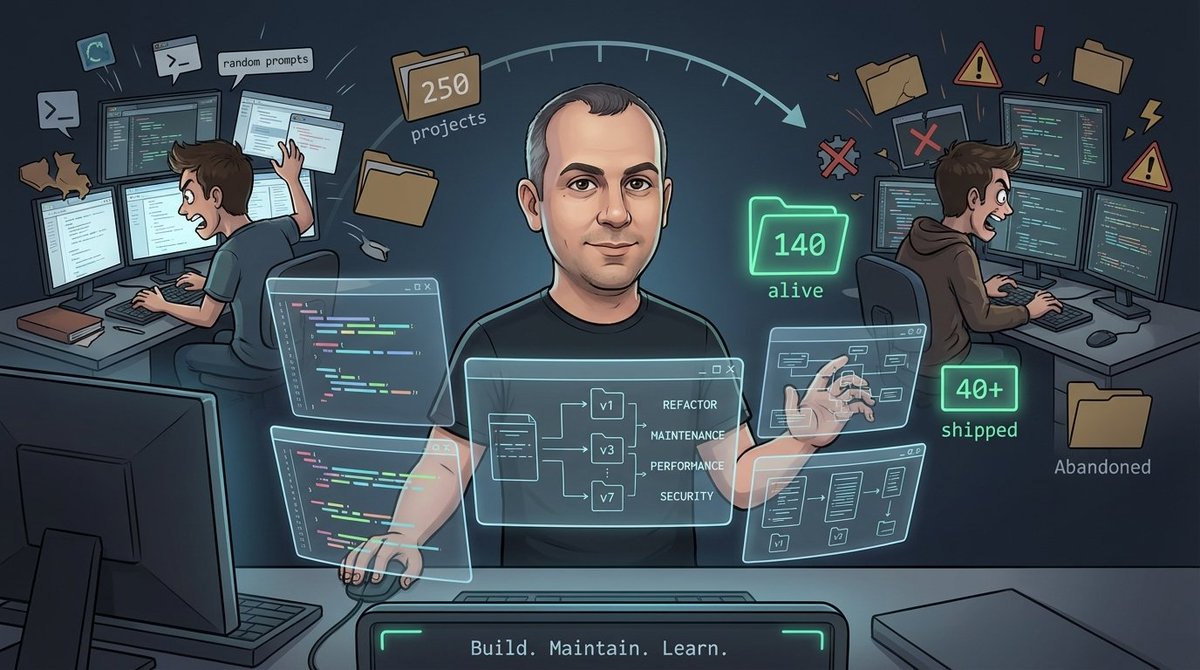 Son iki yılda yapay zeka ile yaklaşık 250 farklı klasörde proje başlatmışım. Bunların 140’tan fazlası hala yaşıyor, 40+ tanesi ise ya bir NPM paketi olarak ya da çalışan bir ürün şeklinde v1 seviyesine ulaşmış durumda. 

Buradan öğrendiğim en net şey şu: Yazılım canlı bir şeydir.