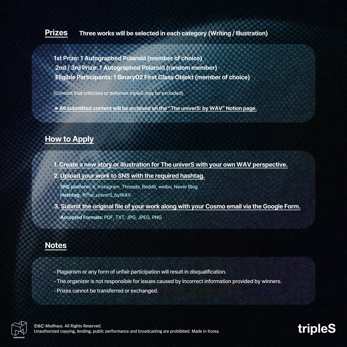 triplescosmos's tweet image. The univerS 신입 작가 모집 공고 EVENT!
tripleS의 이야기를 직접 써 내려갈 금손 WAV를 기다립니다📝

The univerS 세계관을 차용해, 새로운 이야기와 일러스트를 자유롭게 펼쳐줄 신입 작가 WAV를 모집합니다!
본인의 글 또는 그림 작품을 필수 해시태그와 함께 SNS에 업로드한 뒤,
하단의 링크로…