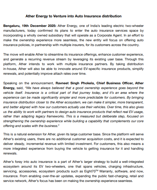 IndianStockEco's tweet image. 🚨Ather Energy:
👉#AtherEnergy to Venture into #AutoInsurance distribution
#StocksToWatch #stockmarketsindia #stockmarketnews #nifty #indianstockeco