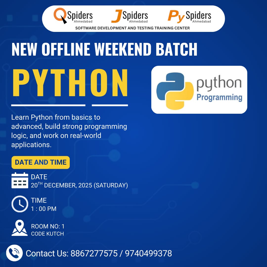 QspAhmedabad's tweet image. New Offline Python Weekend Batch🔥

Learn Python from basics to advanced, build strong programming logic, and work on real-world applications.

📅 20th Dec 2025 (Saturday)
⏰ 1:00 PM
📍 Room No. 1 (Code Kutch)

#python #pythonprogramming #pythonwebdevelopment #qspidersahmedabad