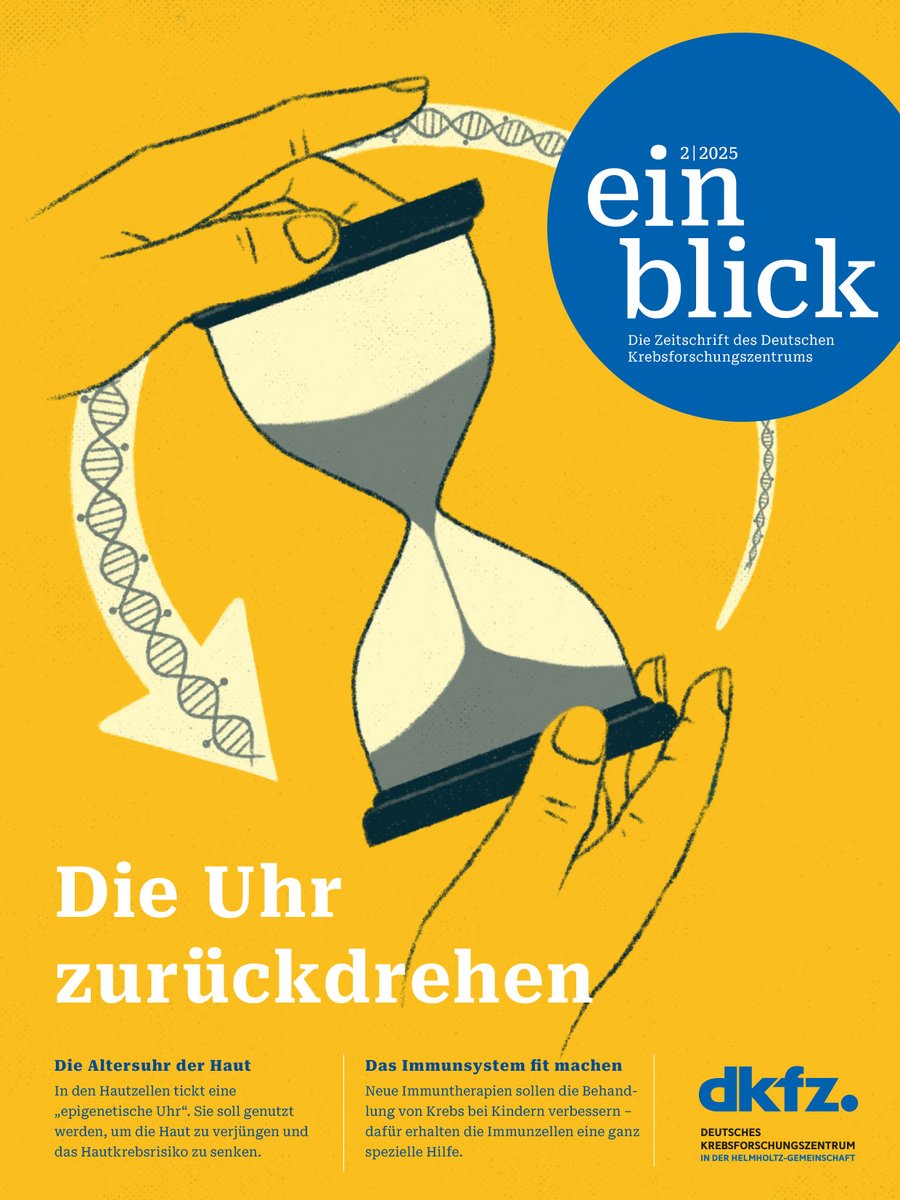 DKFZ's tweet image. Die neue Ausgabe des "einblick" ist erschienen! Wir stellen ein Forschungsteam vor, das die "epigenetische Uhr" der Haut untersucht. Die Forschenden suchen nach Wegen, diese molekulare Uhr zurückzudrehen. Mehr dazu und weitere Themen findet ihr hier: dkfz.de/einblick