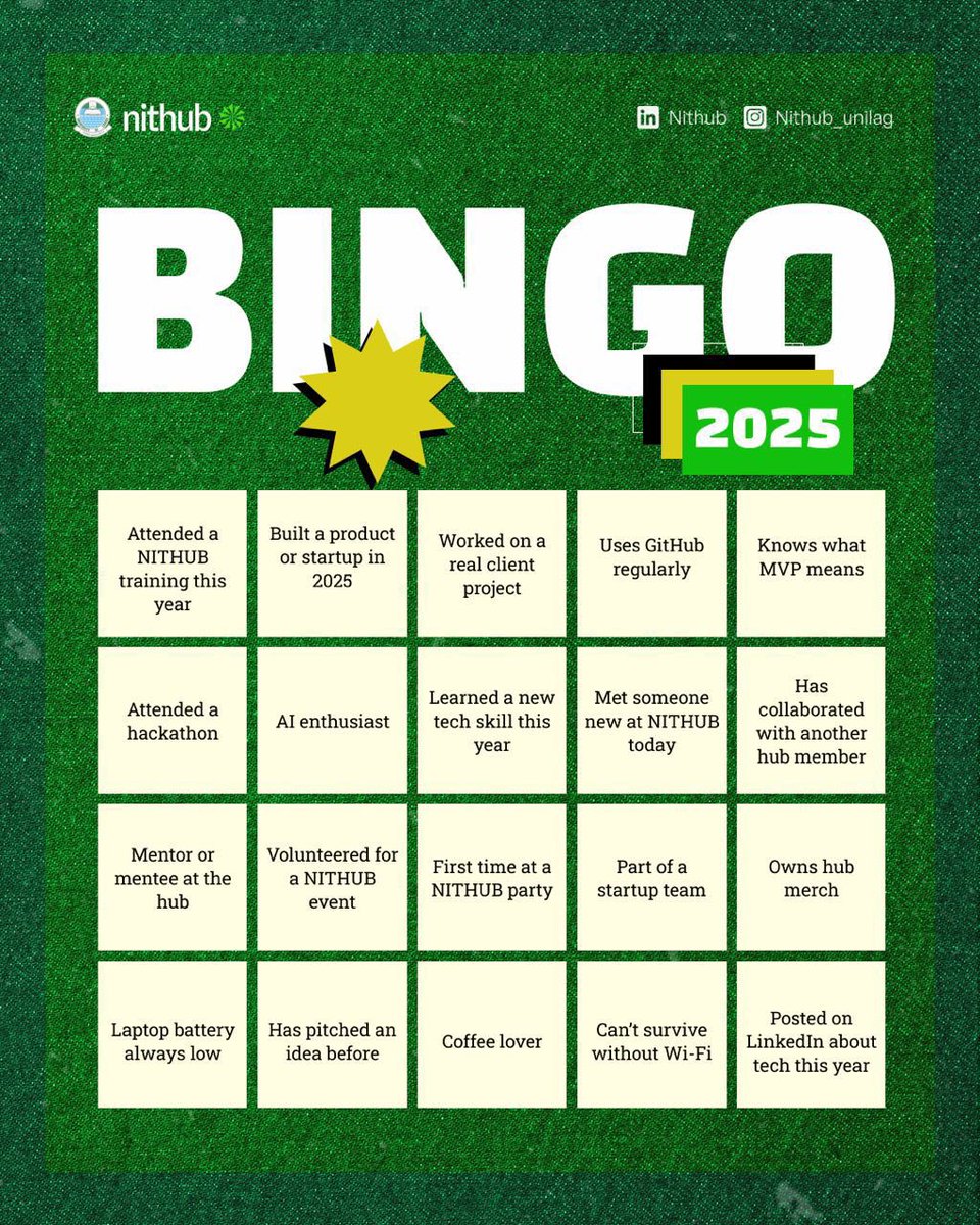 nithub_lag's tweet image. Hi NITizens 🥳🙌🏼 as we close out year 2025 ✨

It’s time to reflect on the journey we’ve shared this year! 💚🥰

We’ve created a NITHUB BINGO 2025 card to celebrate growth, learning, collaboration, and community.
