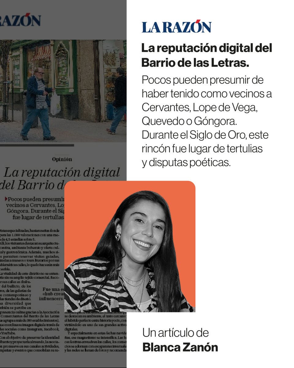 ¿Cómo se construye la #ReputaciónDigital de un lugar con siglos de historia? 🤔 Nuestra ejecutiva de cuentas senior Blanca Zanón lo analiza en <a href="/larazon_es/">La Razón</a>, con el Barrio de las Letras de Madrid como caso de estudio.

Lee el artículo completo aquí: larazon.es/madrid/reputac…