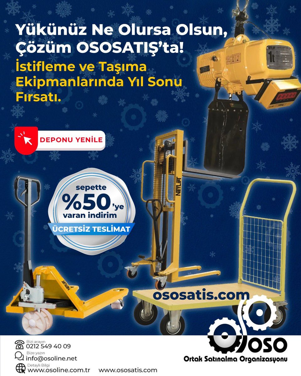 Depo Lojistiğinde Güç ve Verimlilik Zamanı!
Bir deponun hızı, kullandığı ekipmanın gücüyle ölçülür.
ososatis.com/yuk-tasima-ve-…

#DepoYönetimi #İstifleme #Transpalet #ZincirliVinç #Lojistik #OSOSatış #MaterialHandling #YılSonuİndirimi #DepoÇözümleri