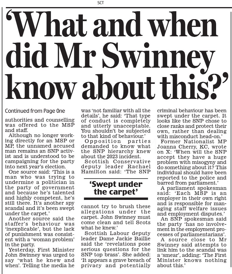 Latest reports say at least female 3 MSPs were bugged and it was hushed up by the SNP.

Begs the question: What did John Swinney know and when?

This is serious stuff and Police Scotland need to investigate.