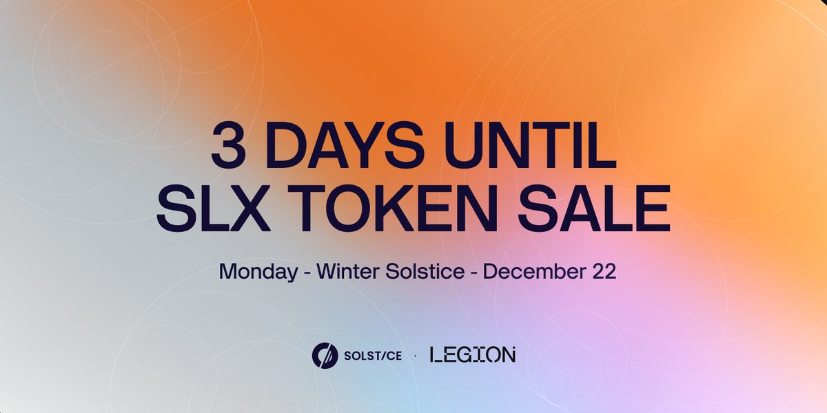 3 days until the SLX sale goes live on <a href="/legiondotcc/">LEGION</a>. 🌞

Monday, December 22nd. Winter solstice.

If you hold USX, you're already positioned. If you don't, there's still time.

legion.cc/solstice