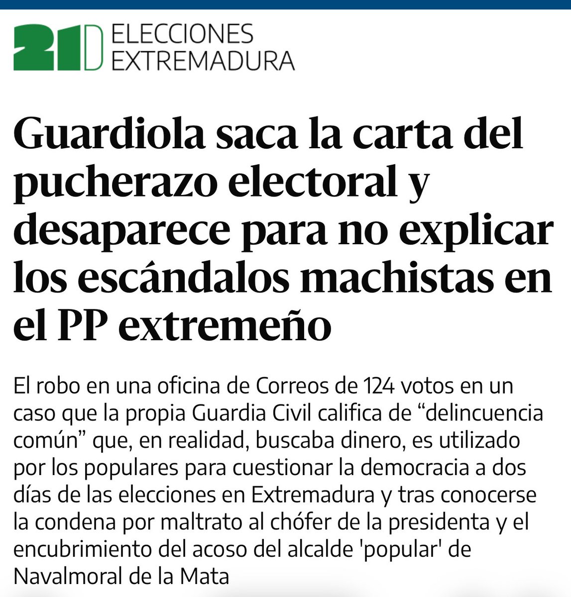 Y Feijóo no estará hoy en el cierre de campaña! 

El ridículo ha sido mayúsculo y de paso se ahorra no dar la cara por los casos de acoso sexual y el primo condenado de Guardiola que trabajaba como su chófer.