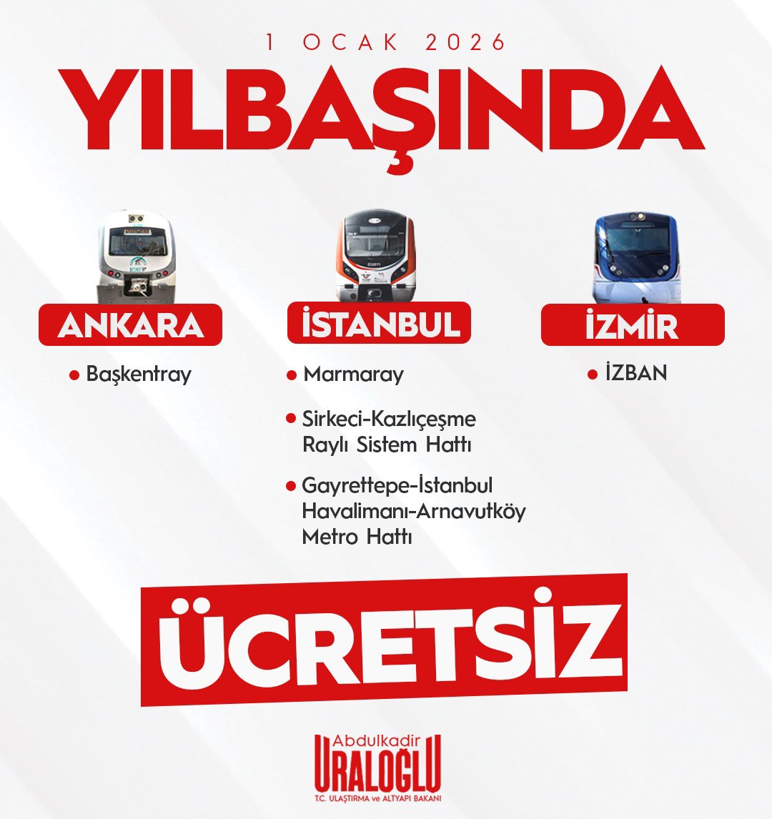 1 Ocak’ta Ücretsiz Ulaşım ! 💫

Cumhurbaşkanımız Sn. <a href="/RTErdogan/">Recep Tayyip Erdoğan</a>’ın imzasıyla Resmî Gazete’de yayımlanan karar ile👇

📍Ankara’da;
🚆Başkentray

📍İstanbul’da;
🚆Marmaray
🚆Gayrettepe - İstanbul Havalimanı - Arnavutköy Metro Hattı
🚆Sirkeci - Kazlıçeşme Raylı Sistem Hattı ile