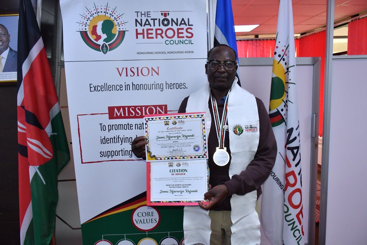 Heroes_Kenya's tweet photo. Congratulations to James who was honoured as a national hero in 2025 for becoming the first Kenyan to summit Mt. Everest in 2022. James uses mountain climbing as a platform to champion peace, embracing values of patience, resilience, respect and environmental conservation. https://t.co/n7keDTxm0h