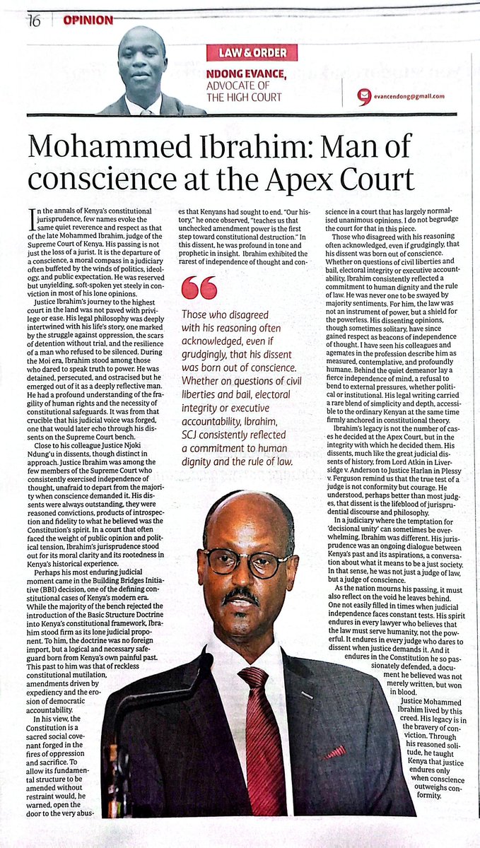Ndonglaw043's tweet image. In my No.44 Article of the Year, P.16 of the Standard Today,  I honour the king of dissents, the man of Conscience &amp;amp; humility: Fare thee well Ibrahim SCJ