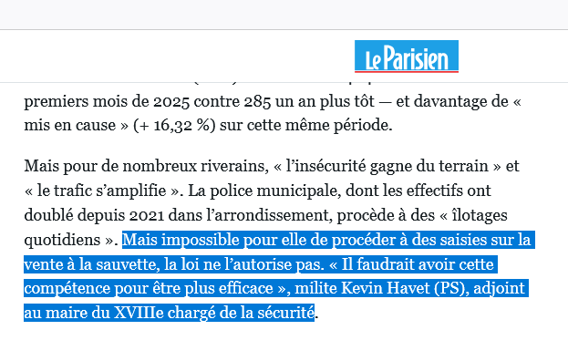 L'adjoint en charge de l'insécurité du 18e affirme, encore et toujours, que la Police municipale ne peut procéder à des saisies directes de marchandises vendues à la sauvette. C'est faux et mensonger.

Elle le fait, quand elle en reçoit la consigne. Par ex. avant les JO ou contre