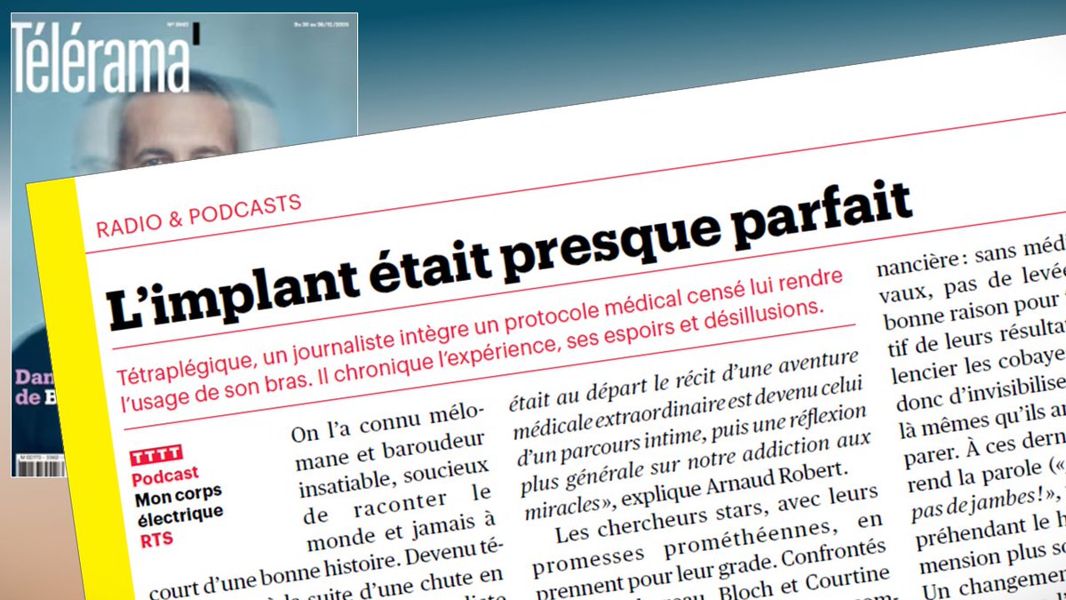 mf_ch's tweet image. Les podcasts de la RTS sont une référence. Ils racontent la société et la Suisse auprès de nouveaux publics audio.
👇
"Mon corps électrique" (signé Arnaud Robert) obtient la prestigieuse notation des quatre T dans "Télérama". Bravo!

🎧 Podcast: rts.ch/audio-podcast/…