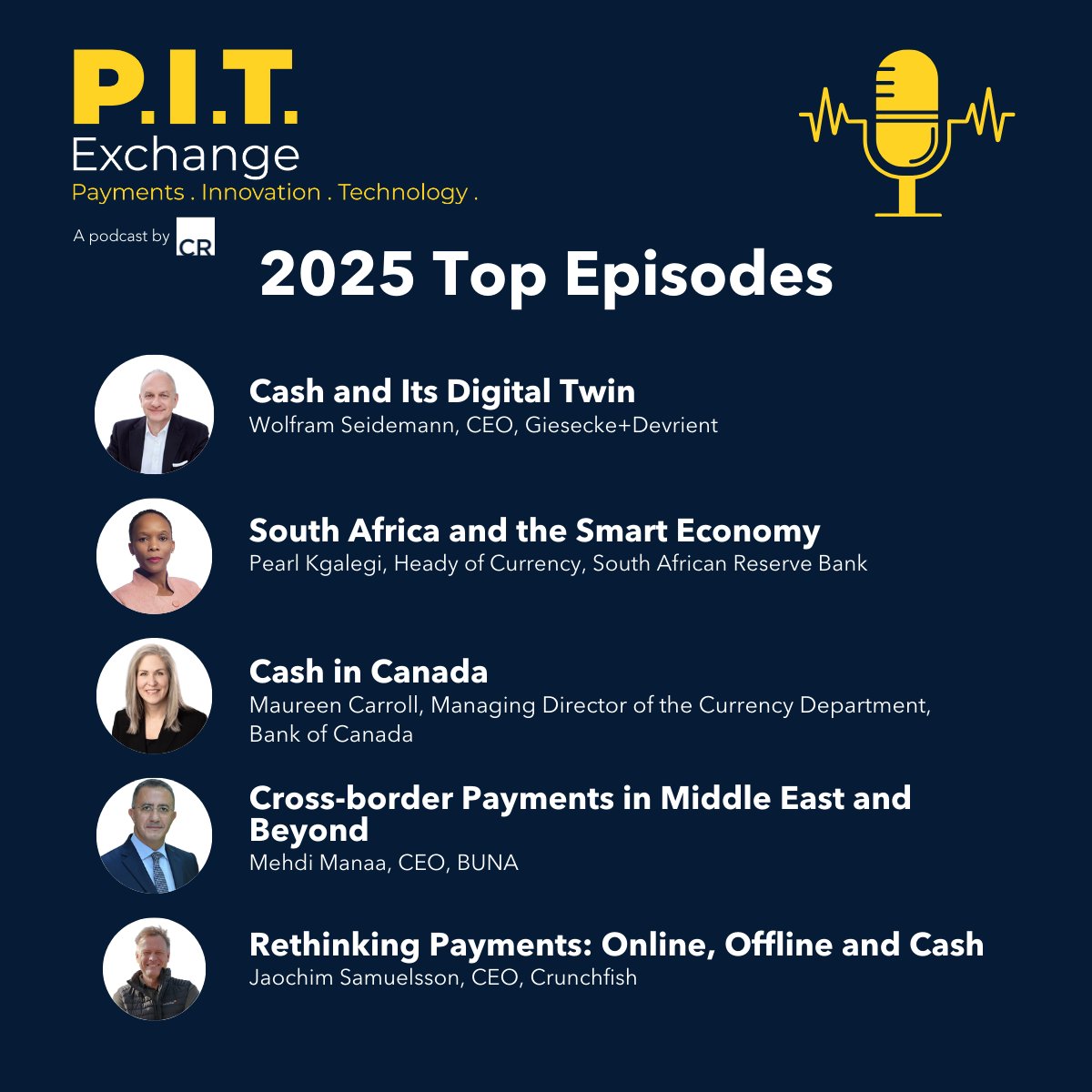 PaymInnovTech's tweet image. 2025 was a big year for cash &amp;amp; payments innovation on the P.I.T. Exchange!

We revisited our 5 most-streamed episodes, covering cash, CBDCs, cross-border payments &amp;amp; resilience.

🎧 Hear the highlights: hubs.li/Q03YHmND0

#PITExchange #FinTechPodcast #StayAhead