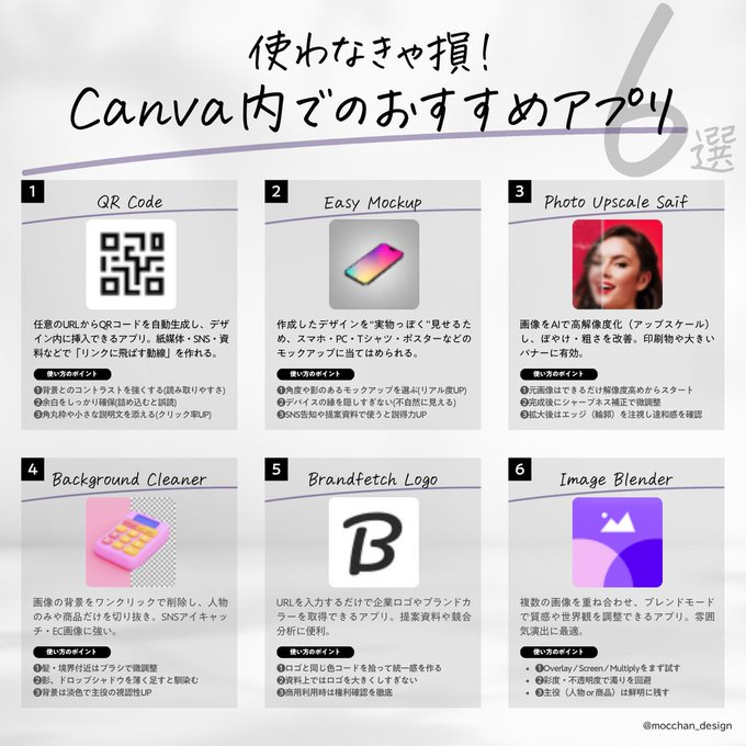 mocchan_design's tweet photo. 合計600ブクマ以上された。Canvaを使いこなすためのお役立ち情報をこっそりまとめておきました https://t.co/hOGF4wAx1n