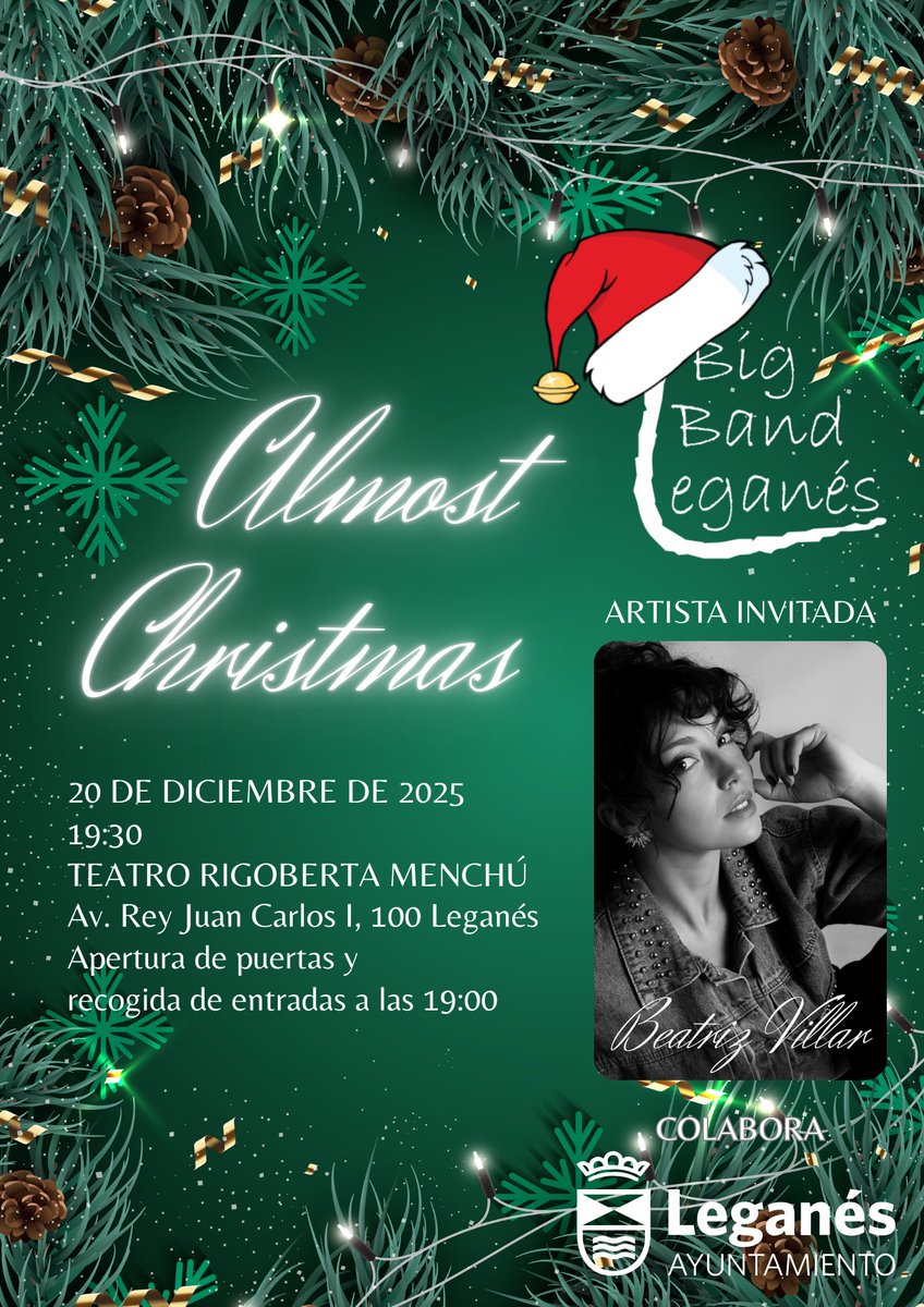 🎄 La Navidad suena a jazz 🎷
Llega el Concierto Almost Christmas con la <a href="/LeganesBigBand/">Leganés Big Band</a>
🎤 Con la participación especial de Beatriz Villar
🗓️ 20 de diciembre🕢 19:30
📍 Teatro Rigoberta Menchú
🎫 Entrada libre hasta completar aforo