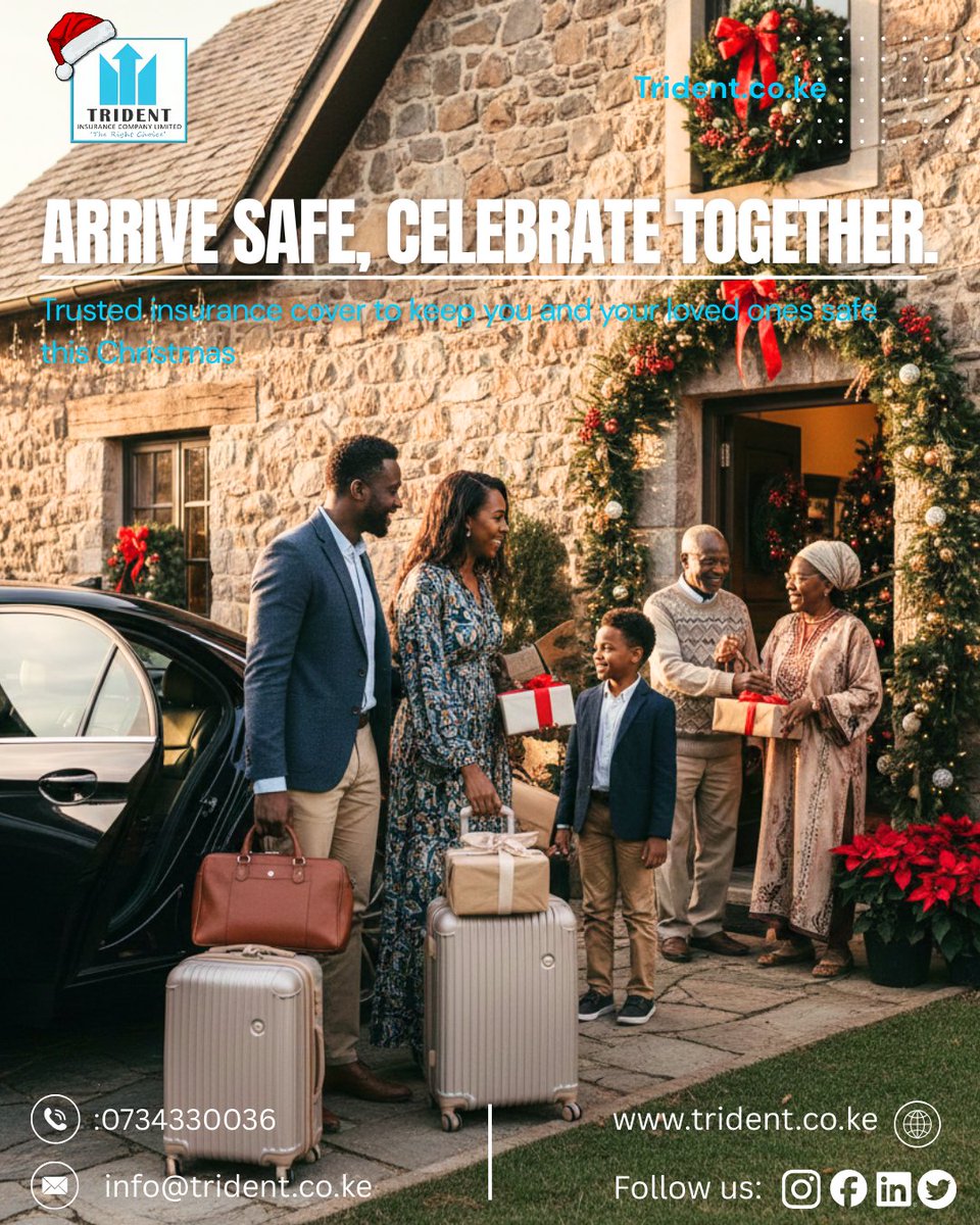 tridentIns's tweet image. This festive season, focus on the joy of being with family. Travel with peace of mind knowing Trident Insurance has you covered every step of the way. Safe journeys, happy memories!💙🎄#December #Christmas2025 #Tridentinsurance #FridayVibes
