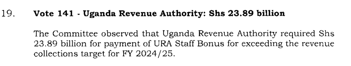 A shortfall in revenue collection forced gov't to borrow Ugx 2,800,000,000,000 instead of planned Ugx 1,189,000,000,000

Same Gov't gave Ugx 23,890,000,000 to URA to pay staff bonuses for "exceeding their revenue collection target"

You can't make these things UP.