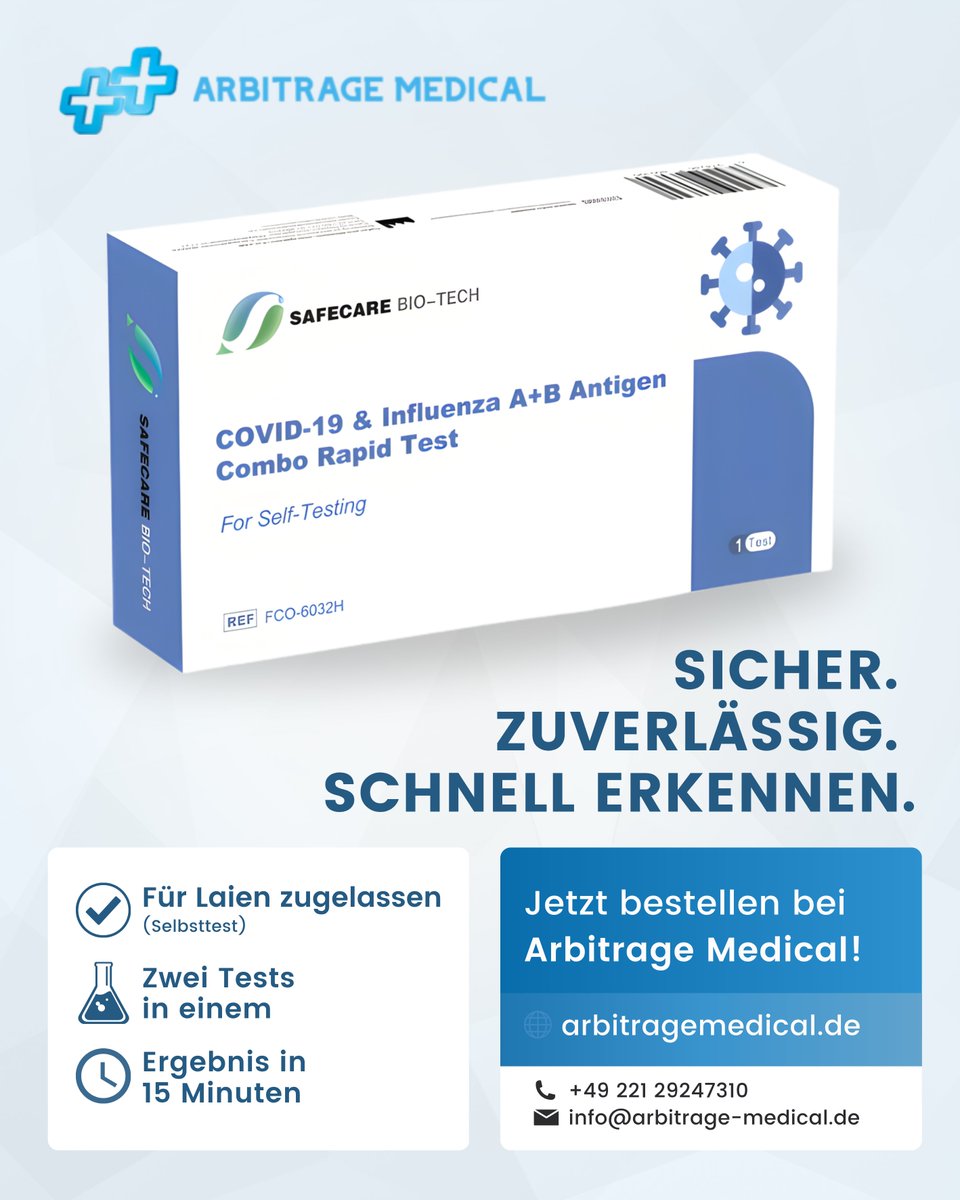 arbitrage_med's tweet photo. 💙 Sicher. Zuverlässig. Schnell.

Der SAFECare COVID-19 &amp; Influenza A+B Kombi-Schnelltest liefert Ergebnisse in 15 Min – zwei Tests in einem, ideal für zuhause.

🩺 Für Laien zugelassen.

Jetzt bestellen bei Arbitrage Medical!

🌐 https://t.co/8qeW2nPu0Q | 📞 +49 221 29247310 https://t.co/piD1jXxT76
