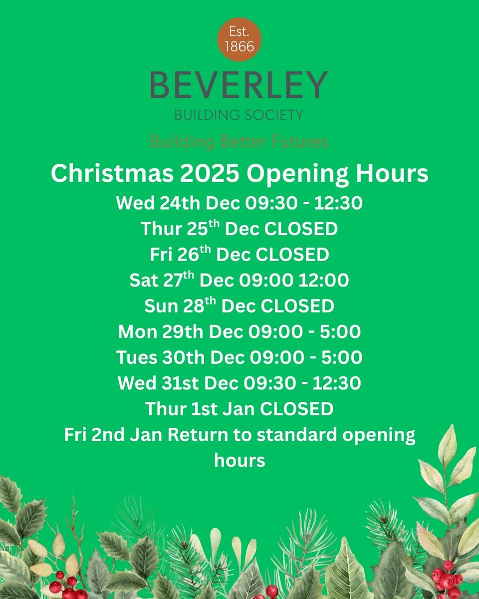 We are closed for some days over Christmas, so don't forget to plan when you intend to come in! For more information, visit loom.ly/i8r1mUc ☃️
#BeverleyBuildingSociety #Christmas #MerryChristmas