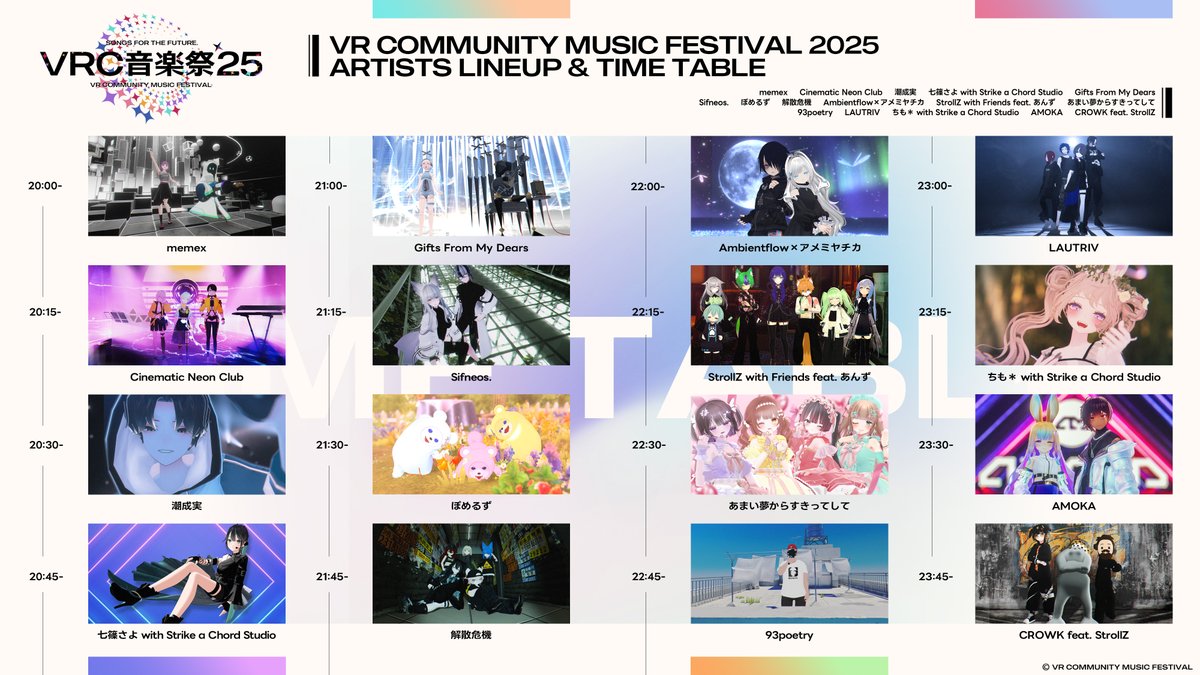 ＼ 📢VRC音楽祭2025 タイムテーブル公開 ／

気になるアーティストのステージを見逃さないように、出演時刻を事前にチェックしよう✅

◤12月27日 20:00（JST）開演◢
youtube.com/live/T7KXaYdwF…

URLからチャンネル登録と通知設定をお忘れなく！🔔
#VRC音楽祭 #VRChat