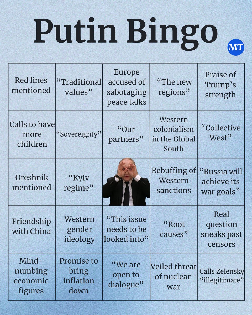 Russian President Vladimir Putin is set to hold his annual Direct Line call-in show and press conference with Russian citizens and journalists Friday.

To help you watch it as it unfolds, The Moscow Times has created our own version of “Putin Bingo,” which is hugely popular