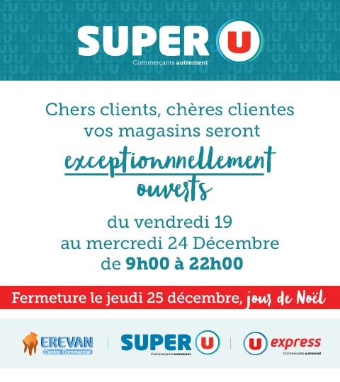 Hello tout le monde 👋

A partir d'aujourd'hui et jusqu'à dimanche,  nos magasins seront exceptionnellement ouverts de 09h00 à 22h00, pour le plus grand bonheur de nos (petits) vacanciers ! 

A très vite en magasin 

#Superubenin #horaires #noel #commerçantsautrement