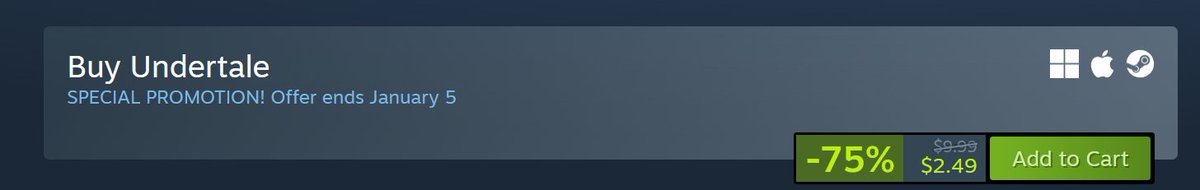 UNDERTALE is 75 percent off on Steam!!

Friendly reminder that if you do not have the PC version of UNDERTALE, you will not be able to play Undertale Plus when it releases! 

So now would be as good as time as any to pick up UNDERTALE on PC with this Steam Sale!