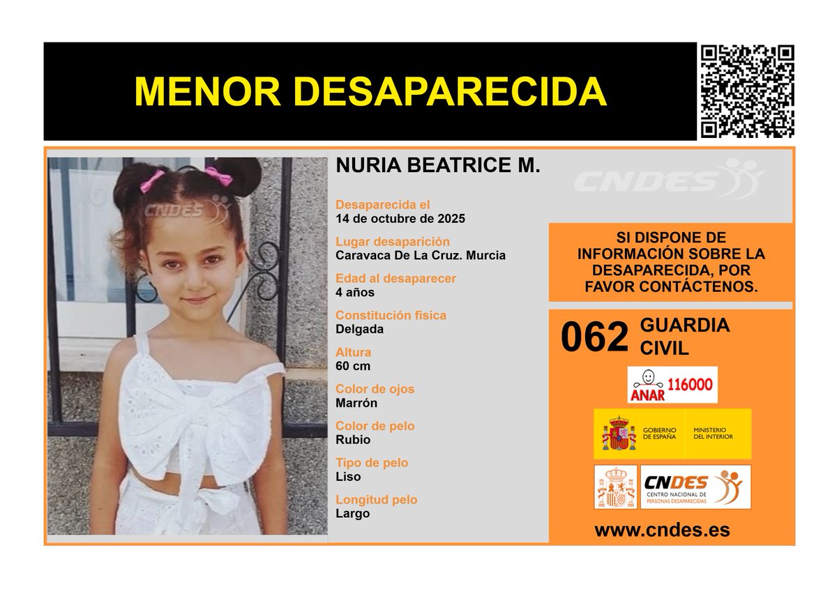 🚺MENOR DESAPARECIDA🚺⚠️
Edad 4 años
🧐Última localización #Caravaca #Murcia
Ayúdanos➡️comparte 📲
Si crees haberla visto 📩
📞062 <a href="/guardiacivil/">Guardia Civil</a>
☎️116000 ANAR
<a href="/cndes_oficial/">CNDES</a> #menor #desaparecida4