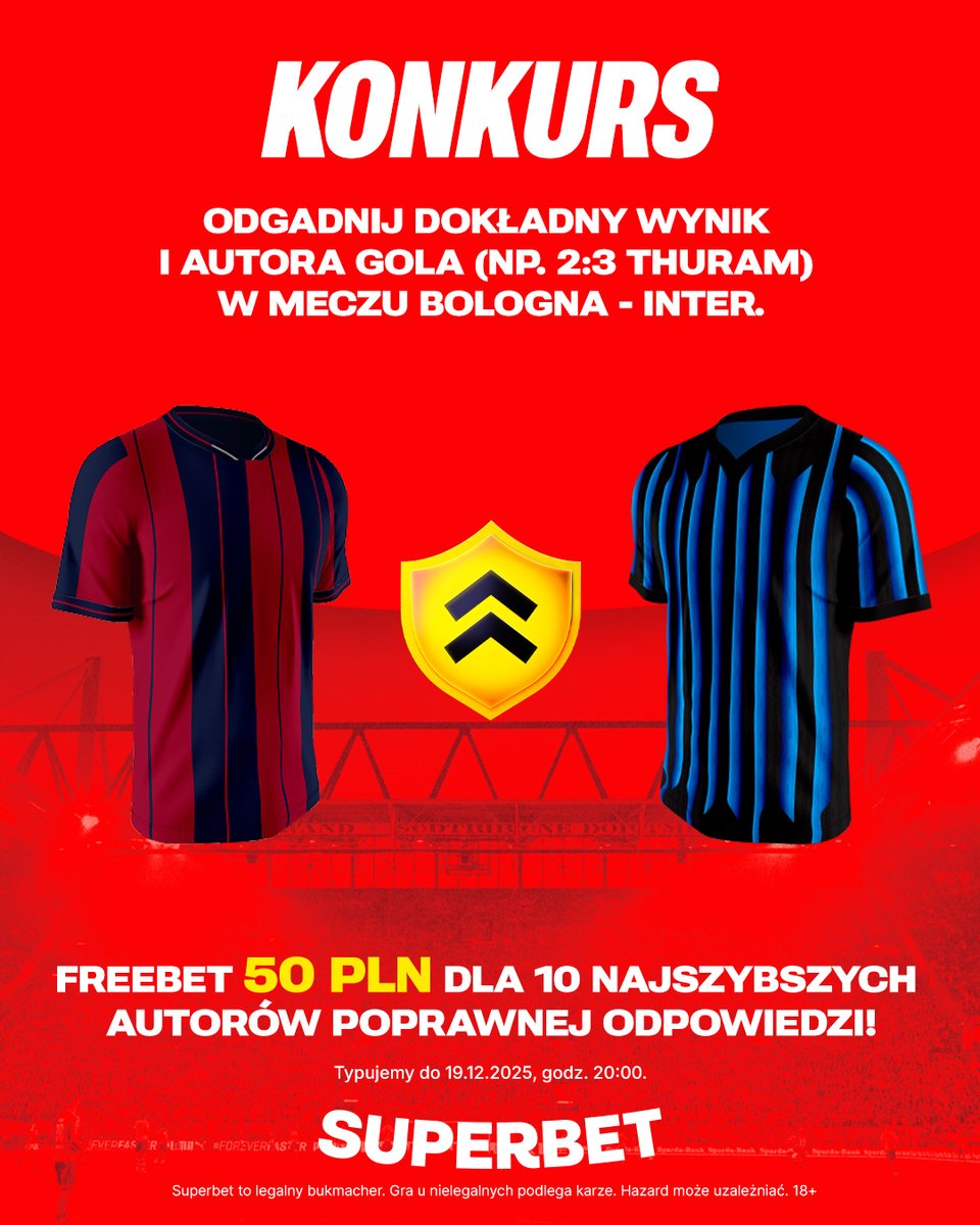 #KONKURS! Wytypuj w odpowiedziach dokładny wynik oraz autora gola ⚽️ w meczu Bologna - Inter i zgarnij freebet! #włoskarobota 
--
✅ Zaobserwuj <a href="/SuperbetPL/">Superbet</a>
❤️ Polub wpis i 🔄 podaj go dalej
👤 Dodaj nick z Superbet
🎁 Nagroda = FREEBET 50 PLN
Regulamin: sprbt.pl/RegulaminSuper