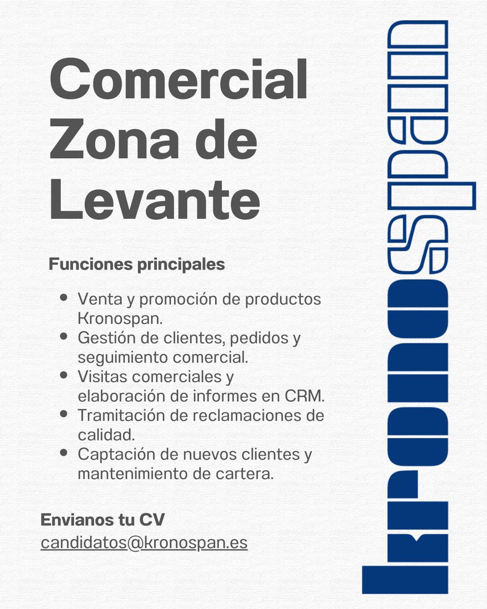En Kronospan buscamos Comercial para la zona de Levante.
 
Tu misión será impulsar las ventas y dar soporte a clientes actuales y potenciales dentro de la zona asignada.
Y si conoces a alguien que pueda encajar, ¡comparte esta oportunidad!
Envía tu CV a candidatos@kronospan.es